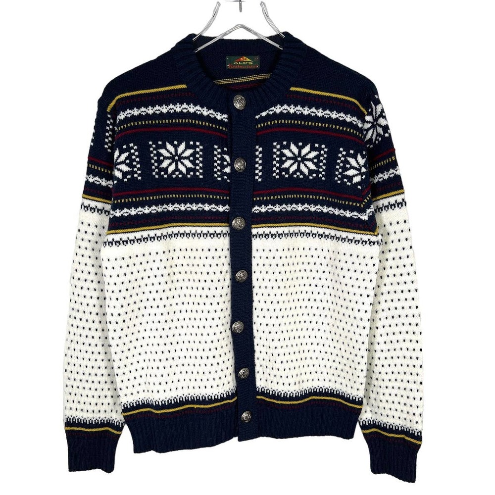 Alps Knitmeister Vintage Ski Cardigan L Fair Isle Blue Off-White Sweater